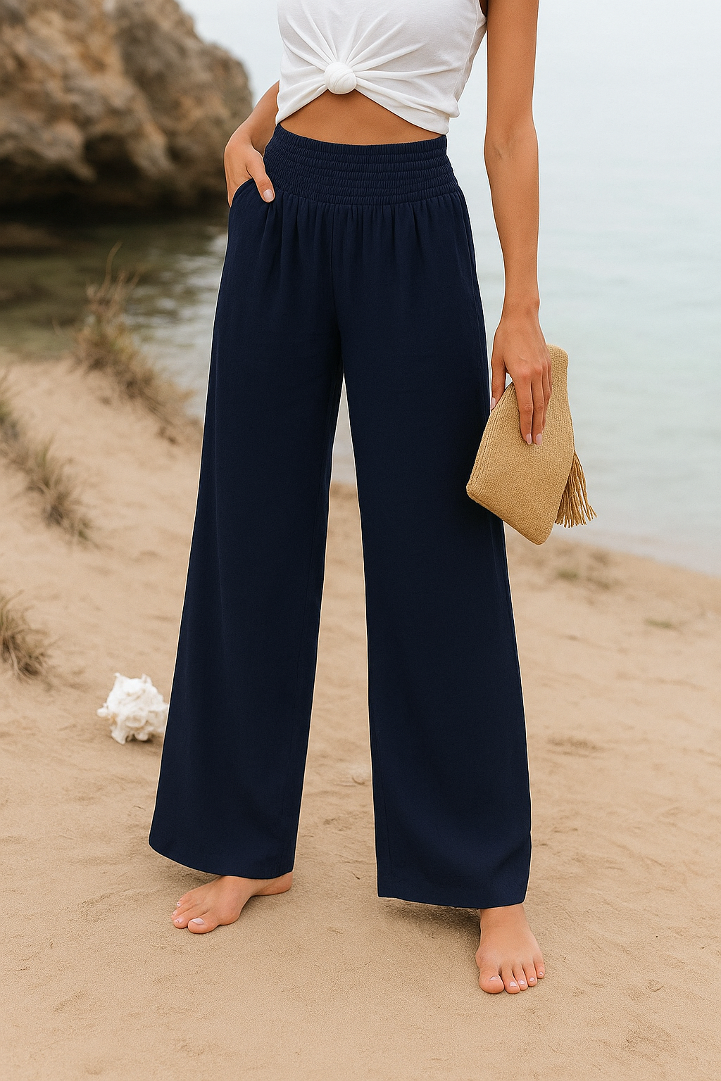 Pantalon large été femme tissu léger taille élastique coupe fluide