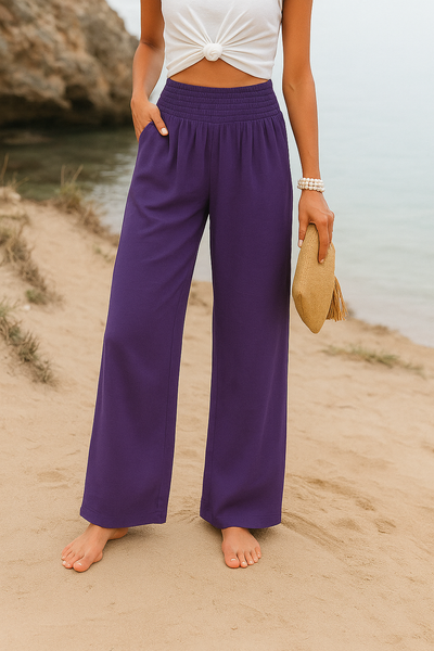 Pantalon large été femme tissu léger taille élastique coupe fluide