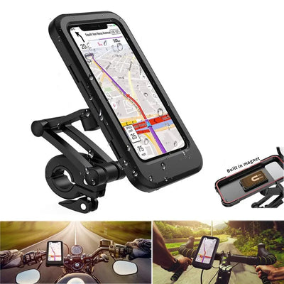 Support téléphone étanche pour vélo avec GPS affiché, monté sur guidon. Accessoire cyclisme robuste, idéal pour navigation et sécurité en extérieur.