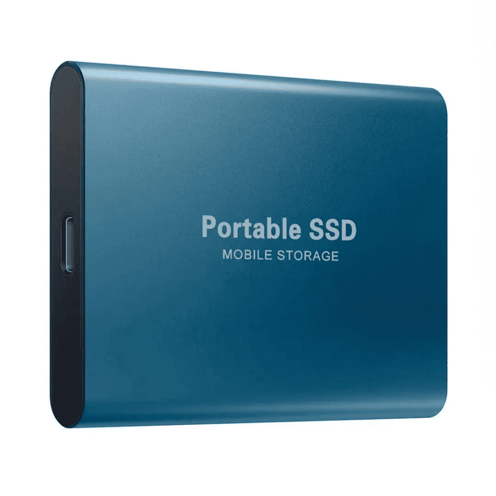 Disque SSD portable bleu, stockage mobile compact, connectique USB-C, haute vitesse, design moderne, idéal pour sauvegarde et transfert de données.