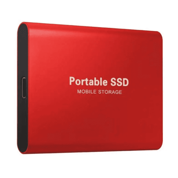 Disque SSD portable rouge, stockage mobile, design compact, connectique USB-C, haute vitesse, idéal pour sauvegarde et transfert de données.