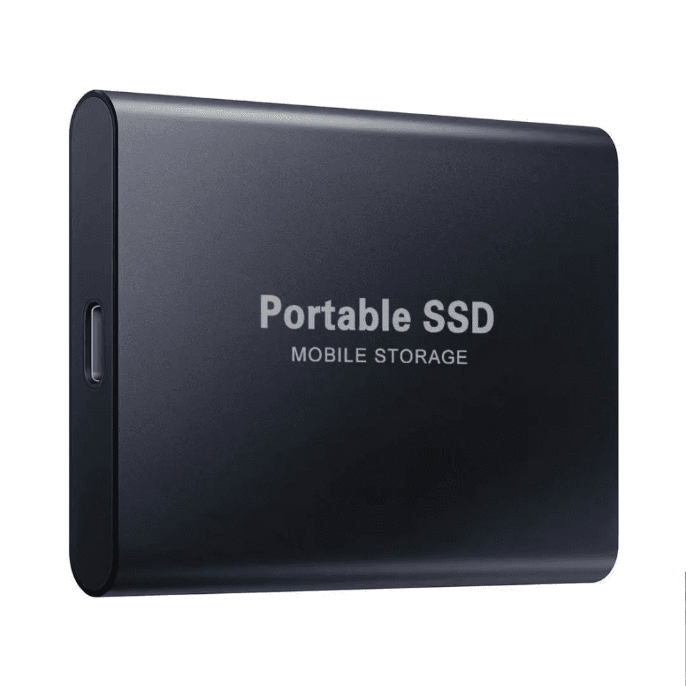 Disque SSD portable noir, stockage mobile compact, connectique USB-C, haute vitesse, idéal pour sauvegarde et transfert de données.