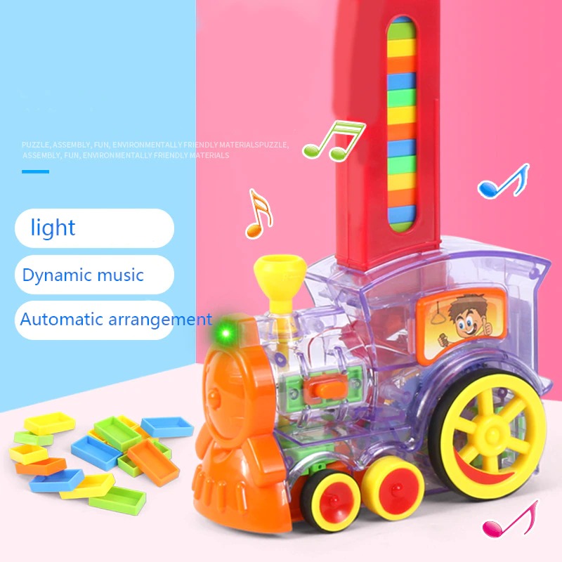 Jouet train en plastique transparent coloré avec blocs empilables, musique dynamique, lumières LED, design éducatif pour enfants.