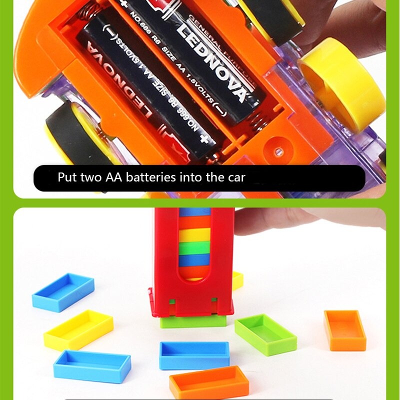 Voiture jouet colorée avec piles AA, blocs de construction multicolores, instructions d'assemblage. Jouet éducatif pour enfants.