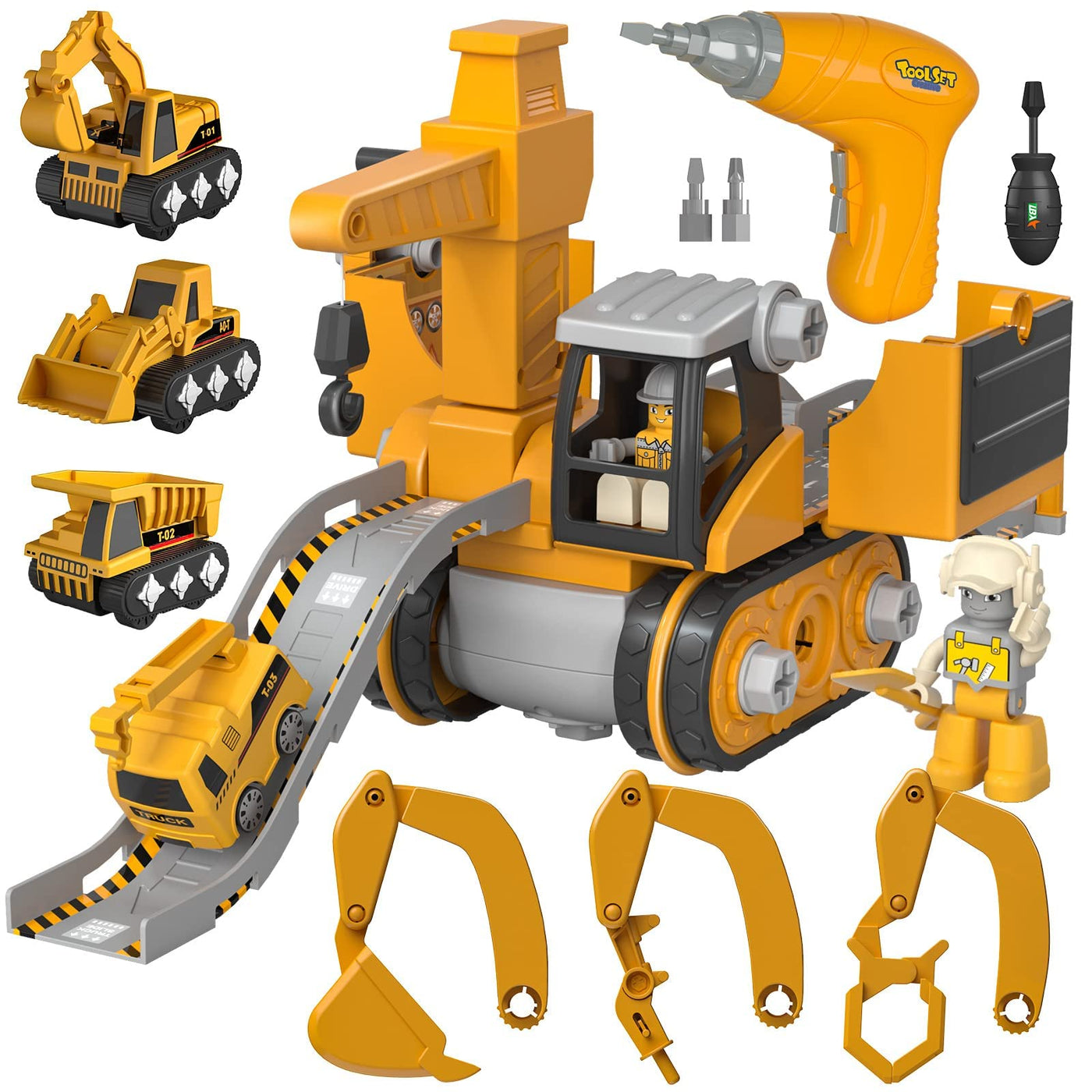 Jouet de construction en plastique jaune avec accessoires, figurine, perceuse et véhicules miniatures. Ensemble éducatif pour enfants.