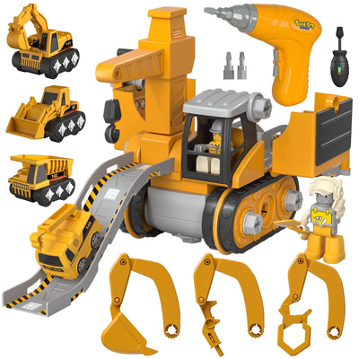 Jouet de construction en plastique jaune avec accessoires, figurine, perceuse et véhicules miniatures. Ensemble éducatif pour enfants.