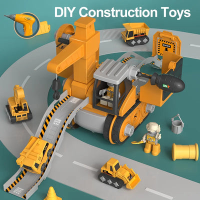 Jouets de construction DIY pour enfants, comprenant une grue orange, un camion, une perceuse et des figurines sur une route grise.