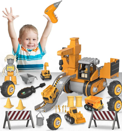 Enfant jouant avec un jouet de construction jaune, comprenant une pelleteuse, des outils et accessoires. Jeu éducatif pour enfants, développement créatif.