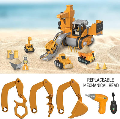 Jouet de chantier en plastique sur sable avec pelleteuse, bulldozer, figurines et accessoires interchangeables. Idéal pour jeux de construction enfants.