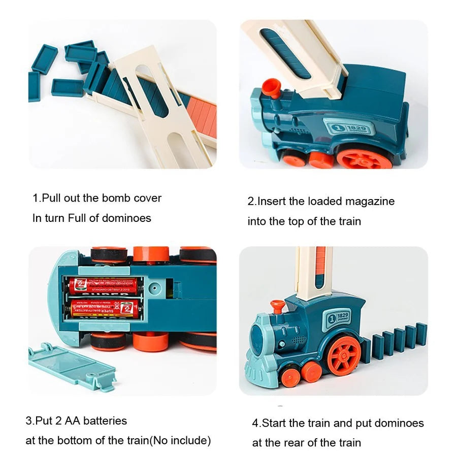 Train à dominos bleu avec chargeur, instructions de montage, fonctionne avec 2 piles AA, jouet éducatif pour enfants, développement de la motricité.