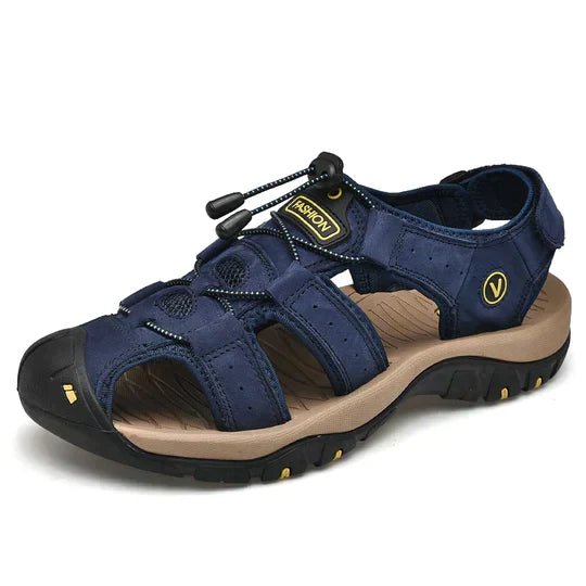 Sandale de randonnée homme en cuir bleu marine, semelle antidérapante, fermeture à lacet élastique, idéale pour activités extérieures et trekking.