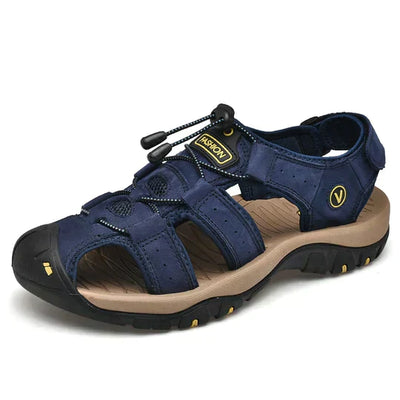 Sandale de randonnée homme en cuir bleu marine, semelle antidérapante, fermeture à lacet élastique, idéale pour activités extérieures et trekking.