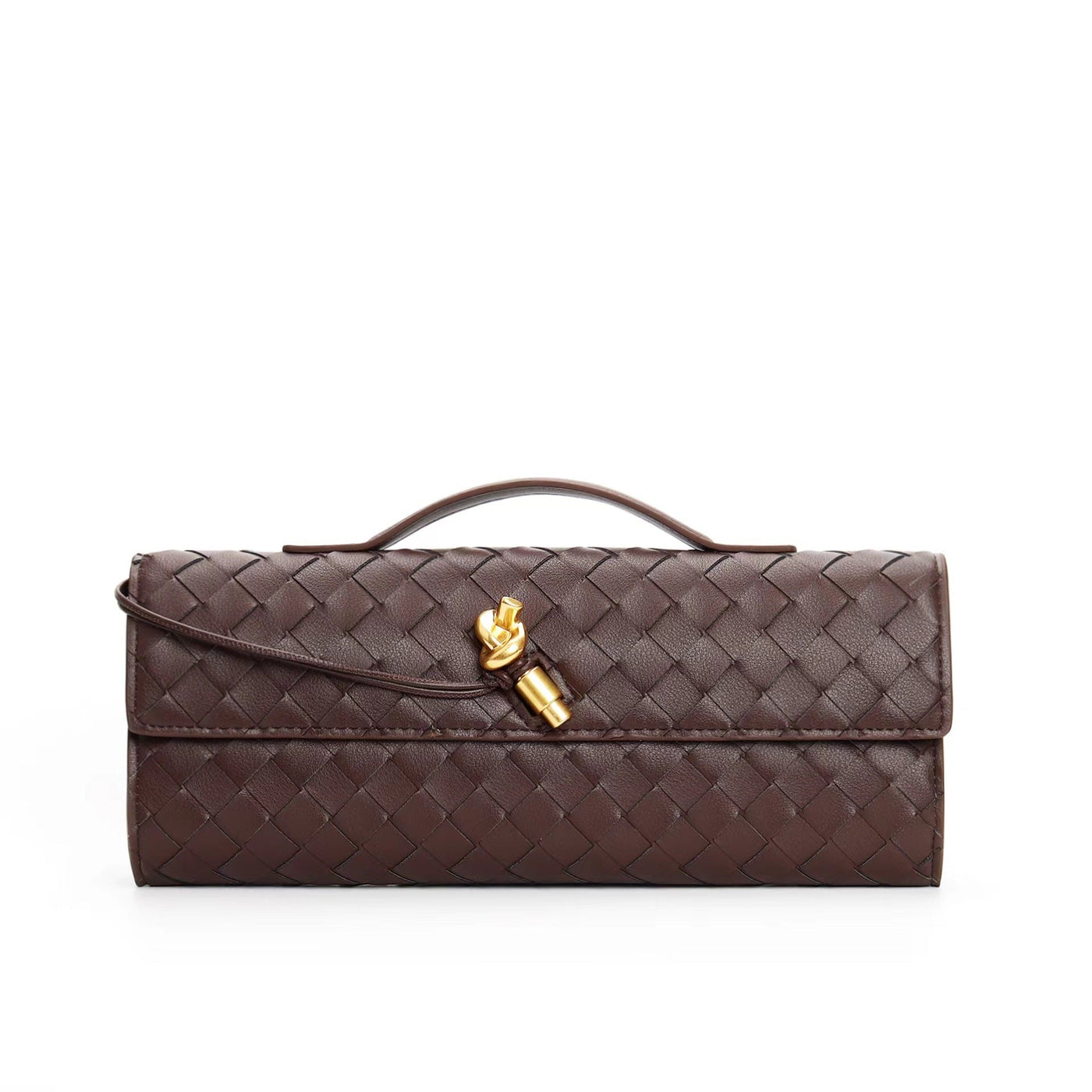 Sac à main en cuir marron tressé avec poignée et fermoir doré, design élégant et moderne, accessoire de mode tendance pour femmes.