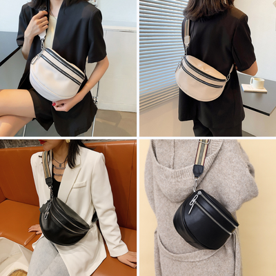 Sac banane en cuir noir et beige, porté par des femmes en tenues élégantes. Accessoire mode tendance, pratique pour un style urbain chic.