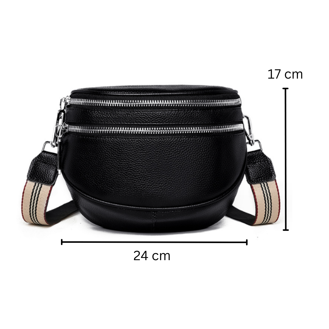 Sac banane en cuir noir avec deux fermetures éclair, bandoulière rayée ajustable, dimensions 24x17 cm. Accessoire mode pratique et tendance.