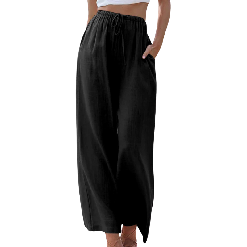 Pantalon large noir femme, taille haute, avec poches, style décontracté, idéal pour l'été. Mode féminine, confort et élégance.