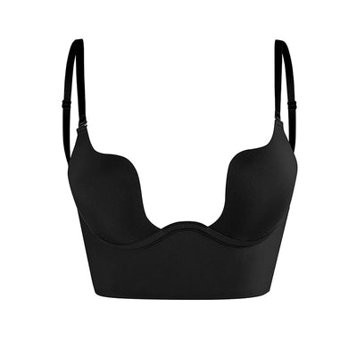 Soutien-gorge noir plongeant sans couture, bretelles réglables, design moderne, lingerie féminine élégante, confort optimal, mode sous-vêtement.