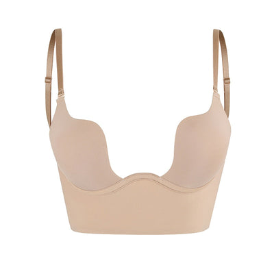 Soutien-gorge beige sans couture, bretelles réglables, design plongeant, lingerie féminine confortable, idéal sous vêtements moulants.