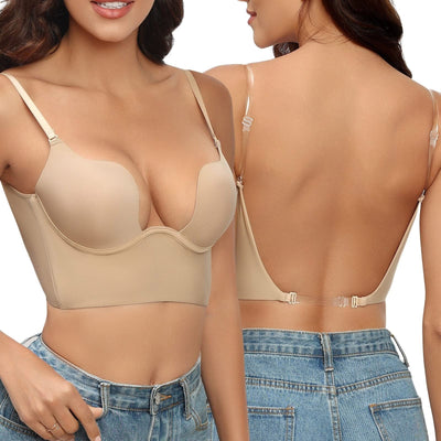 Soutien-gorge push-up beige sans dos, bretelles ajustables, porté par une femme en jean. Lingerie féminine élégante et confortable.