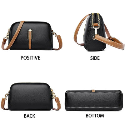 Sac à main en cuir noir avec bandoulière marron, vue de face, côté, dos et dessous. Design élégant, fermeture éclair dorée, mode femme.