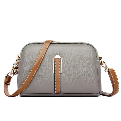 Sac à main en cuir gris avec bandoulière marron, design élégant et moderne, idéal pour femme. Accessoire mode tendance et pratique.