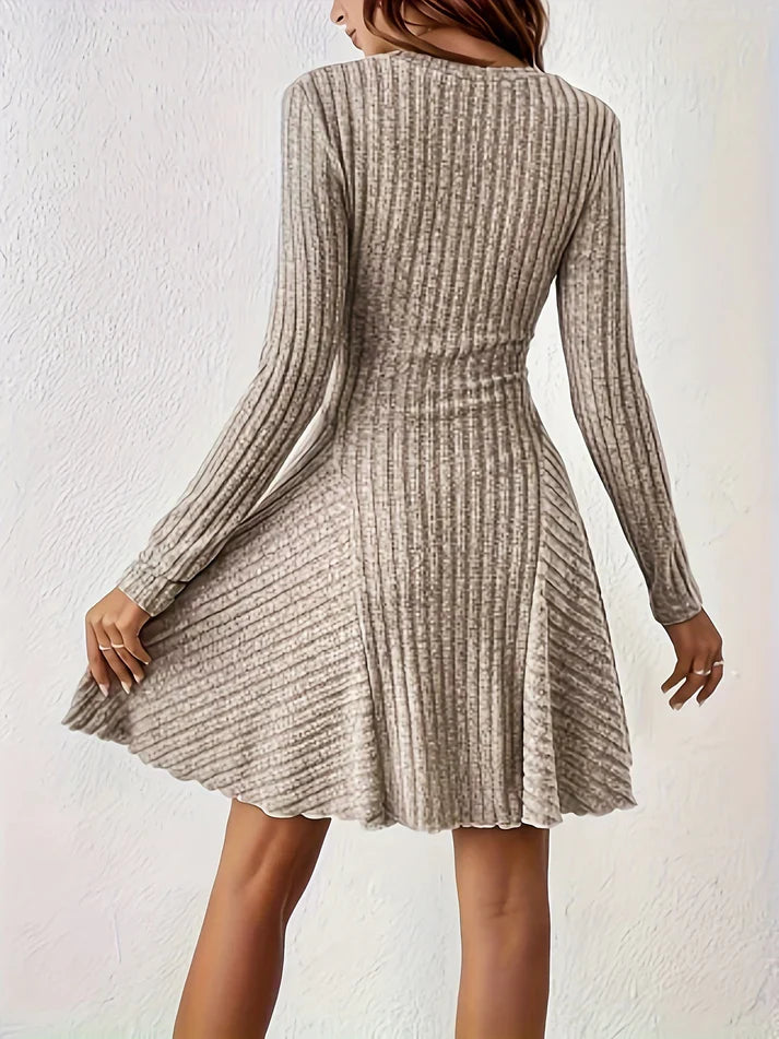 Élégante Robe Côtelée Décolleté en V Ligne A Manches Longues Élégante Pour Femme | Idéale Pour Toute Occasion