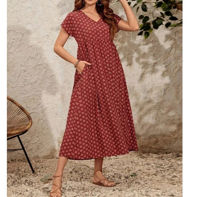 Aganietta - Nouvelle robe vintage à col en V en lin et coton