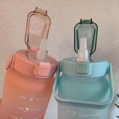 Deux bouteilles d'eau en plastique, rose et bleue, avec couvercles rabattables et pailles intégrées, posées sur une surface blanche.