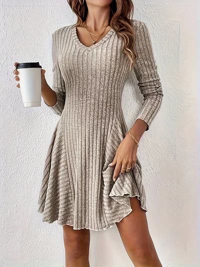 Élégante Robe Côtelée Décolleté en V Ligne A Manches Longues Élégante Pour Femme | Idéale Pour Toute Occasion