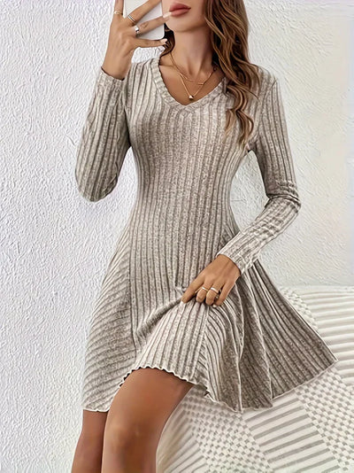 Élégante Robe Côtelée Décolleté en V Ligne A Manches Longues Élégante Pour Femme | Idéale Pour Toute Occasion
