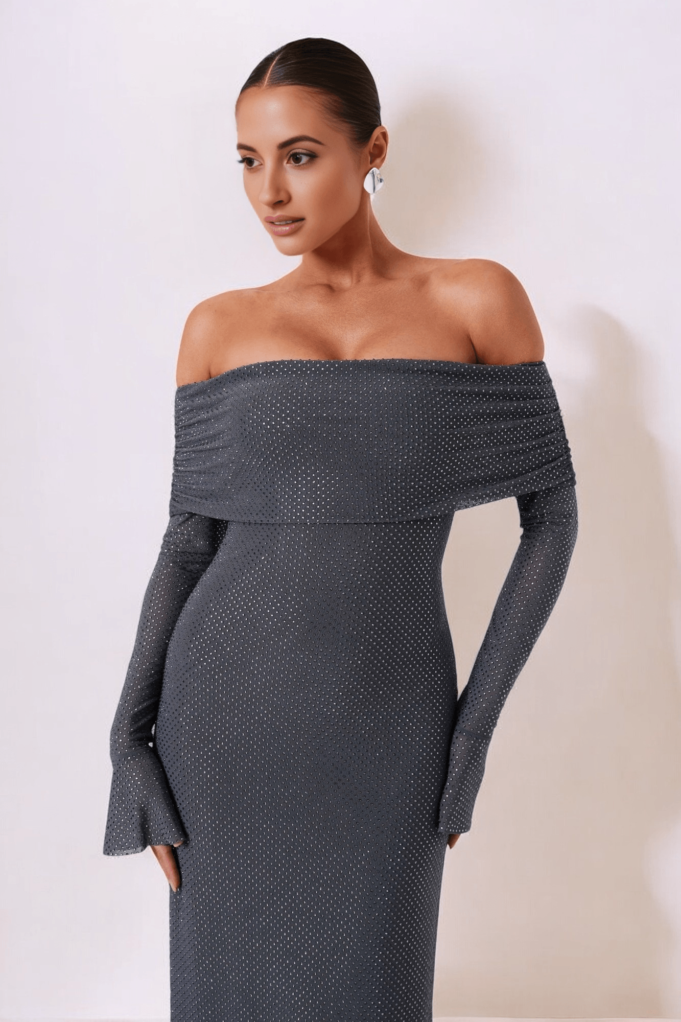 Robe longue de femme à épaules larges en polyester, festive pour le mariage