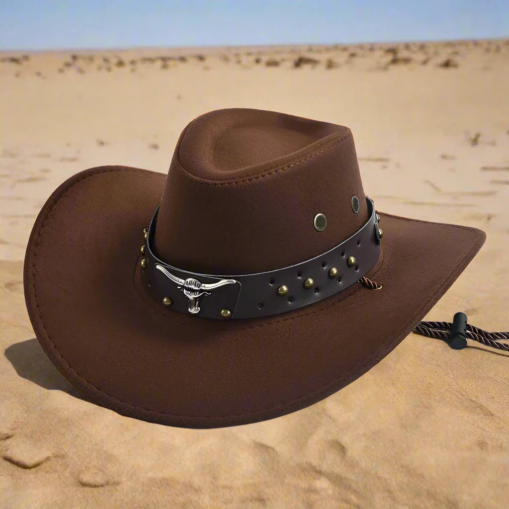 Chapeau de cowboy marron en cuir avec bande décorative et motif tête de taureau, posé sur le sable du désert sous un ciel bleu clair.