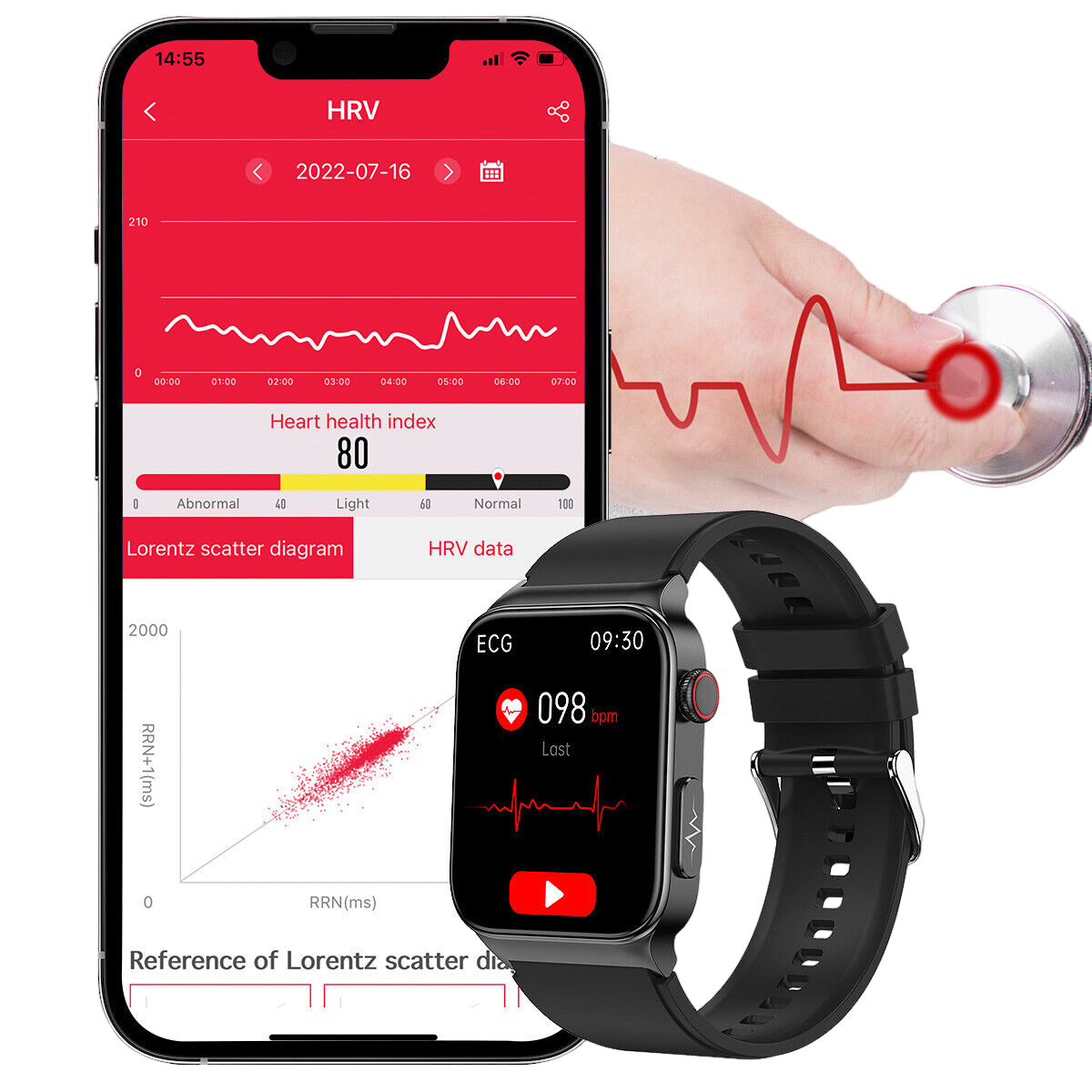 Montre connectée noire affichant ECG et fréquence cardiaque, synchronisée avec smartphone montrant données de santé cardiaque et indice HRV.