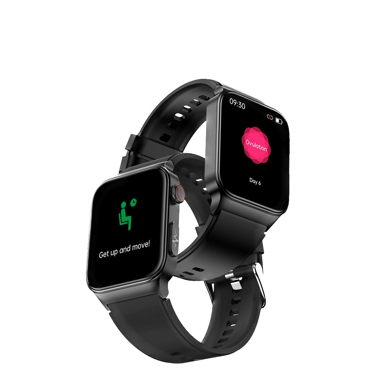Montres connectées noires avec écrans tactiles affichant des notifications de santé et d'activité. Design moderne, bracelet ajustable.