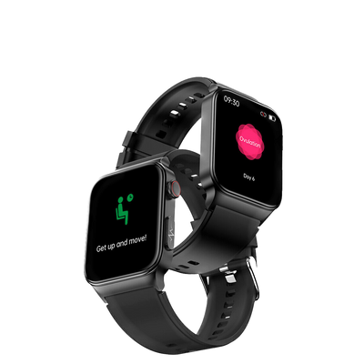 Montres connectées noires avec écrans tactiles affichant des notifications de santé et d'activité. Design moderne, bracelet ajustable.