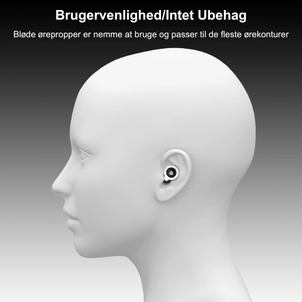 Profil d'une tête avec écouteurs sans fil noirs, design ergonomique, sur fond dégradé gris. Confort et facilité d'utilisation soulignés.