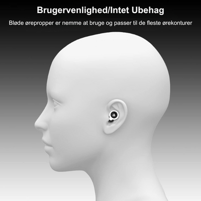 Profil d'une tête avec écouteurs sans fil noirs, design ergonomique, sur fond dégradé gris. Confort et facilité d'utilisation soulignés.