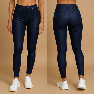 Jeans skinny bleu foncé pour femme, taille haute, vue avant et arrière, avec poches, portés avec des baskets blanches sur fond beige.