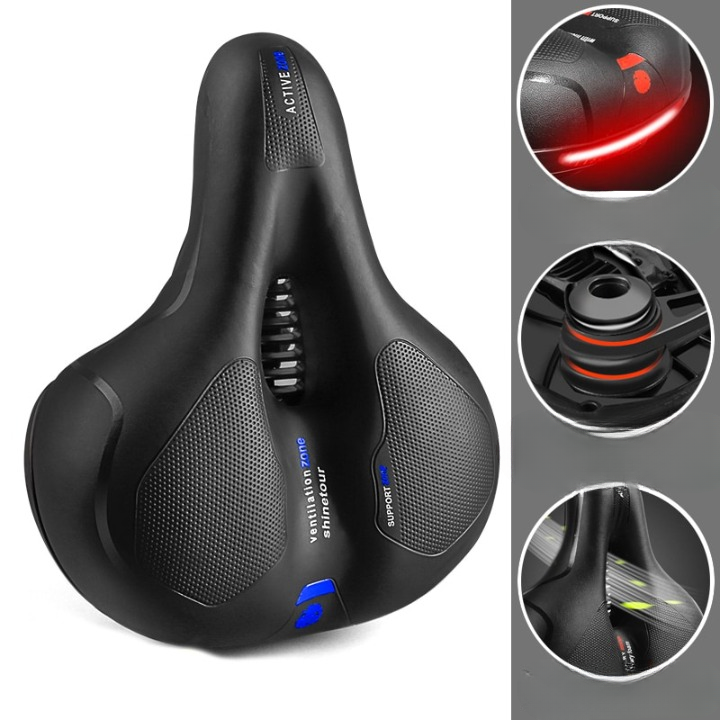 Selle de vélo ergonomique noire avec coussinets en gel, ressorts amortisseurs, bandes réfléchissantes rouges et design ventilé pour confort et sécurité.