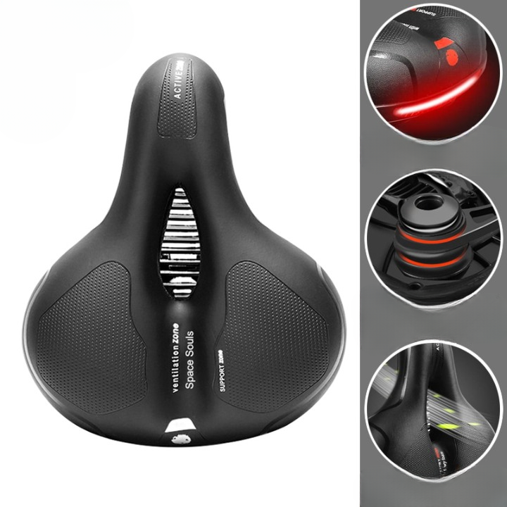 Selle de vélo ergonomique noire avec coussinets en gel, bandes réfléchissantes LED, ressorts amortisseurs, idéale pour confort et sécurité cycliste.