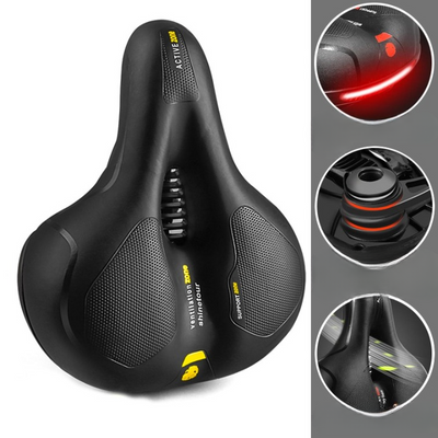 Selle de vélo ergonomique noire avec coussinets antichoc, bandes réfléchissantes et ventilation. Confort optimal pour cyclisme urbain et longue distance.