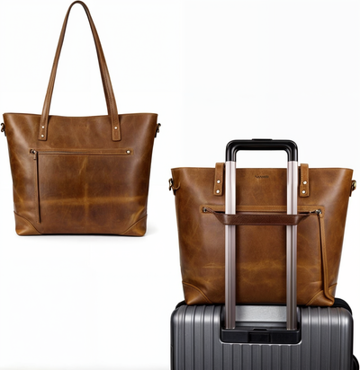 Sac à main en cuir marron élégant avec fermeture éclair, idéal pour le voyage. Design pratique, s'adapte sur une valise. Accessoire mode femme.