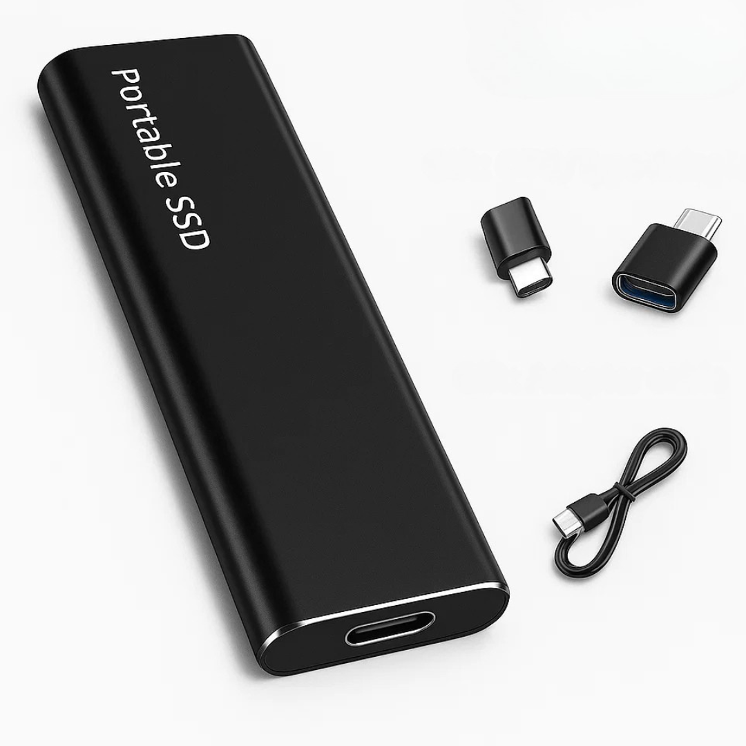 Disque SSD portable noir avec connecteurs USB-C et adaptateurs, câble de connexion inclus. Stockage externe rapide et compact pour données numériques.