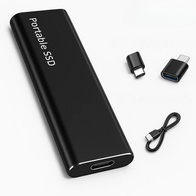 Disque SSD portable noir avec connecteurs USB-C et adaptateurs, câble de connexion inclus. Stockage externe rapide et compact pour données numériques.