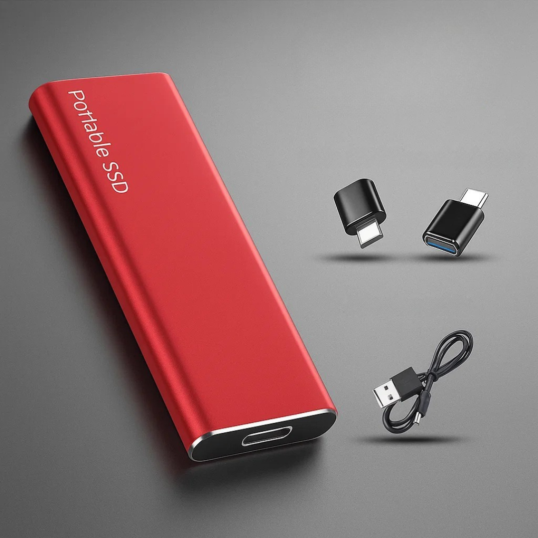 Disque SSD portable rouge avec adaptateurs USB-C et micro-USB, câble USB inclus. Stockage externe rapide et compact pour PC et Mac.