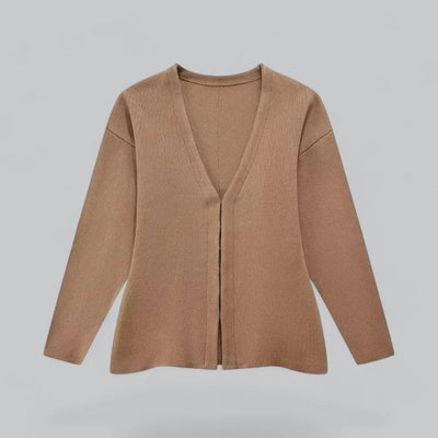 Cardigan beige en laine pour femme, manches longues, col en V, style décontracté. Mode automne-hiver, vêtement chaud et élégant.