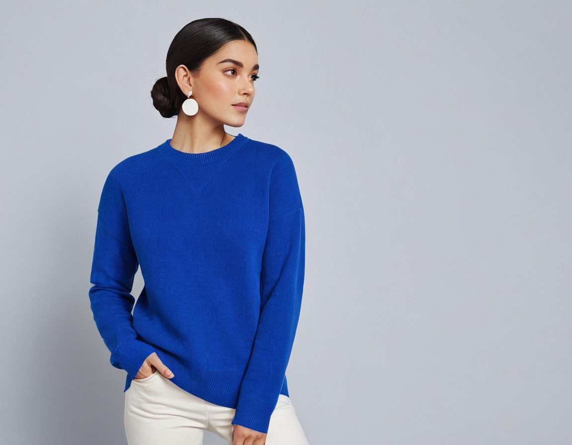 Femme portant un pull bleu vif, manches longues, avec des boucles d'oreilles blanches, posant contre un fond gris. Mode élégante et moderne.