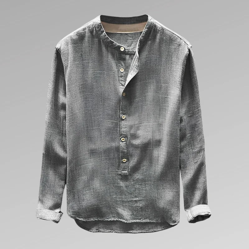 Chemise en lin gris pour homme avec col mao, manches longues et boutons en bois, style décontracté et élégant, idéale pour toutes saisons.