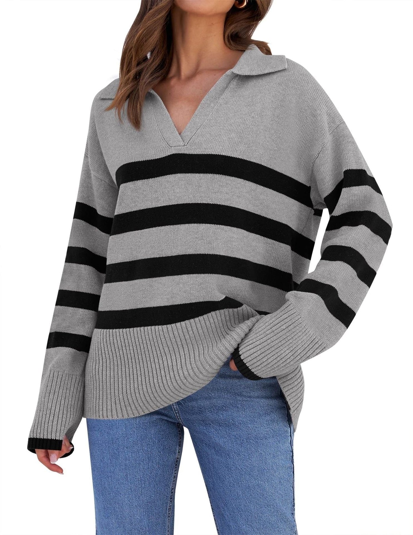 Pull en tricot rayé avec col pour femmes | Parfait pour toutes les saisons