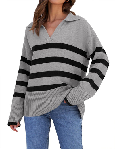 Pull en tricot rayé avec col pour femmes | Parfait pour toutes les saisons